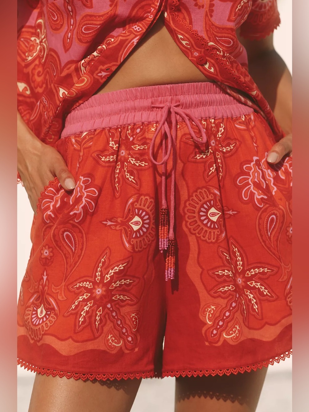 NWT Farm Rio x Anthropologie Shorts Small Linen Blend Tropical Print Drawstring